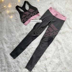 adidas Training logo leggings & bra set in gray and pink